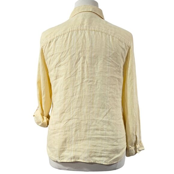 Chico's 100% Linen No Iron Yellow White Double Stripe Roll Tab Sleeve Shirt - Picture 2 of 10